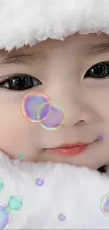 Adorable baby with bubbles, in a fluffy white outfit, mobile wallpaper.