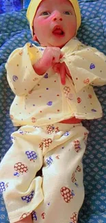 Adorable baby in yellow outfit on blue patterned blanket.