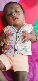 Adorable baby lying on a colorful background.