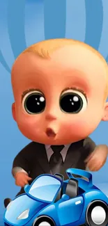 Cute animated baby with blue toy car on a soft blue background.