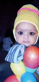 Adorable baby with colorful balloons in a cute hat.