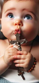 Adorable baby holding a cross with a peach background.