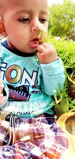 Baby holding a flower with greenery in the background.