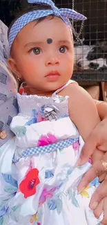 Cute baby in floral dress with headband, close up.