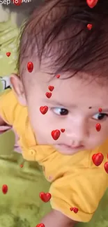 Baby in yellow shirt with animated hearts.