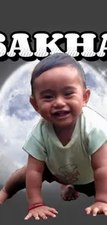 Smiling baby crawling with moonlit background.