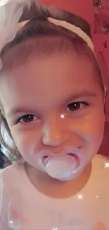 Adorable baby girl smiling with a pacifier, in warm lighting.