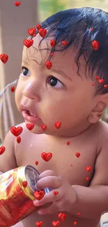 Cute baby with red hearts mobile wallpaper.