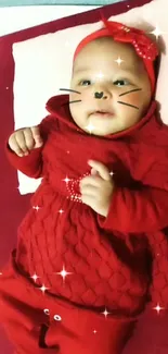 Adorable baby in red with sparkles and whiskers filter.