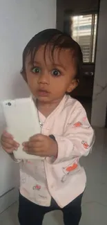 Cute baby holding a smartphone in a cozy, home setting.