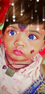 Adorable baby with blue eyes and star effects on a vibrant red background.