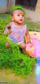 Adorable baby sitting with teddy bear in lush green grass.