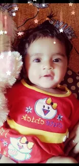 Adorable baby with teddy bear on a brown background.