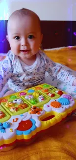 Adorable baby playing with colorful toy on yellow background