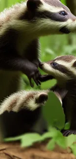 Two playful badgers in a lush green forest scene, perfect for nature lovers.