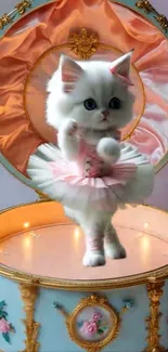 White kitten dressed as a ballerina inside a vintage music box.