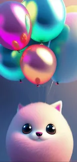 Cute cat with colorful balloons wallpaper.