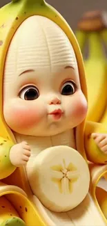 Adorable baby in a banana costume with cartoon style.