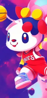 Cute bunny playing basketball in a colorful wallpaper.