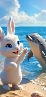 Cute rabbit and dolphin at the beach in a sunny animated scene.