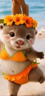 A cute otter in a swimsuit on the beach.