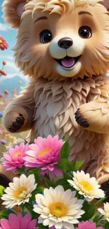 Adorable teddy bear with colorful flowers in a spring garden background.