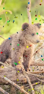 Bear cub stands on logs in forest with sunlight filtering through trees.