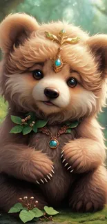 Adorable bear with fantasy jewelry in a lush forest setting.