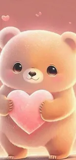 Cute bear holding a heart mobile wallpaper.