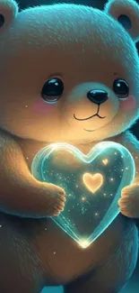 Adorable bear holding a glowing heart.