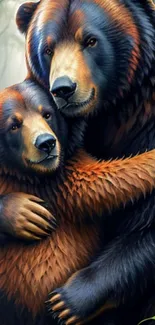 Charming illustration of two bears hugging in a serene forest setting.