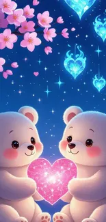 Two adorable bears holding a heart under a starlit sky.