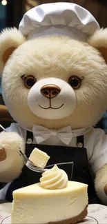 Plush teddy bear chef with cheesecake