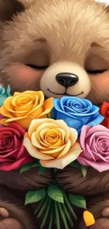 Adorable bear holding colorful roses bouquet.
