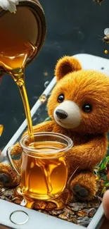 Cute plush bear with honey on mobile