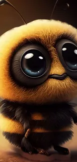 Cute fuzzy cartoon bee with big eyes on a golden background.