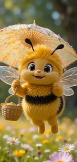 Adorable fluffy bee with umbrella in meadow.