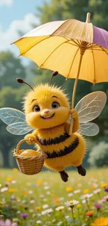 Cute bee with umbrella in a meadow