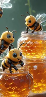Cute animated bees on honey jars illustration.