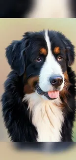 Lifelike painting of a Bernese Mountain Dog with a soft gradient background.