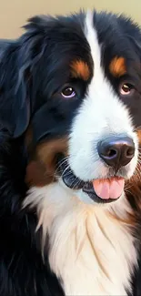 Artistic portrait of a Bernese Mountain Dog with soft brown background.