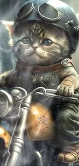 Adorable kitten wearing goggles on a vintage motorcycle.