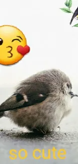 Cute bird with emoji on white background, text 'so cute'.