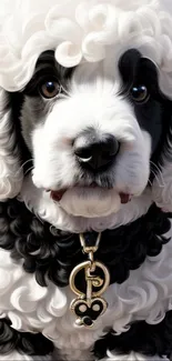 Adorable black and white puppy with curly fur and gold pendant.