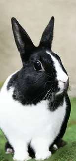 Cute black and white rabbit on green grass.