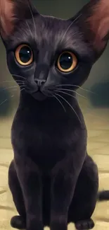 Charming black kitten with large eyes sitting on floor.