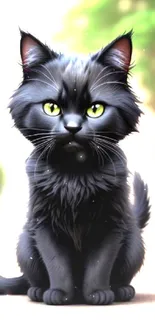 Cute black cat with green eyes in a nature setting.