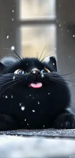 Playful black kitten with snowflakes on face.