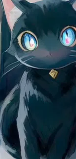 Charming black cat with vivid eyes and a cute collar as wallpaper.