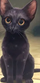 Adorable black cat with large eyes on a mobile wallpaper.